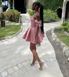 Pretty A line Off The Shoulder Pink Satin Summer Birthday Dress Hoco Dress Birthday Outfit 19th Birthday Mini Cocktail Dresses HZ1214