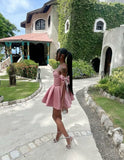 Pretty A line Off The Shoulder Pink Satin Summer Birthday Dress Hoco Dress Birthday Outfit 19th Birthday Mini Cocktail Dresses HZ1214
