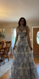 Stunning A line Straps Blue Floral Long 21st Birthday Dress Party Dress Birthday Outfit HZ1214