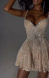 Sexy Ball Gown Straps Champagne Sequin Short Summer 20th Birthday Dress Hoco Dress Birthday Outfit 18th Birthday Mini Party Dresses HZ1214