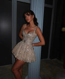 Sexy Ball Gown Straps Champagne Sequin Short Summer 20th Birthday Dress Hoco Dress Birthday Outfit 18th Birthday Mini Party Dresses HZ1214