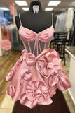 Sexy Ball Gown Spaghetti Straps Satin Pink Short Summer 20th Birthday Dress Hoco Dress Birthday Outfit 18th Birthday Mini Party Dresses HZ1214