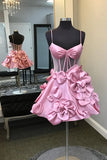 Sexy Ball Gown Spaghetti Straps Satin Pink Short Summer 20th Birthday Dress Hoco Dress Birthday Outfit 18th Birthday Mini Party Dresses HZ1214