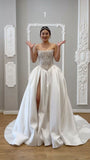 Romantic Bridal Gown Ball Gown Strapless Satin Slit White Wedding Dresses Minimalist Bridal Gowns HZ1214