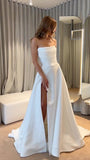 Classic Bridal Gown Ball Gown Strapless Satin White Slit Wedding Dresses Minimalist Bridal Gowns HZ1214