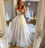 Classic Bridal Gown A Line Spaghetti Straps Lace White Wedding Dresses Minimalist Bridal Gowns HZ1214