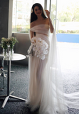 Vintage Bridal Gown Mermaid Strapless White Tulle Long Sleeves Wedding Dresses Minimalist Bridal Gowns HZ1214