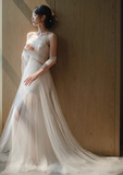 Vintage Bridal Gown Mermaid Strapless White Tulle Long Sleeves Wedding Dresses Minimalist Bridal Gowns HZ1214