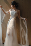 Vintage Bridal Gown Mermaid Strapless White Tulle Long Sleeves Wedding Dresses Minimalist Bridal Gowns HZ1214