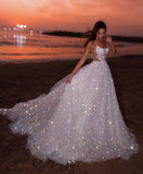 Classic Bridal Gown Ball Gown Spaghetti Straps Sequin White Wedding Dresses Minimalist Bridal Gowns HZ1214