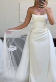 Vintage Bridal Gown Sheath Strapless White Satin Long Wedding Dresses Minimalist Bridal Gowns HZ1214