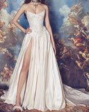 Romantic Bridal Dress A line Sweetheart Satin White Slit Wedding Dresses Minimalist Bridal Gowns HZ1214