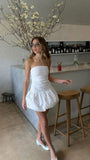 Pretty A line Strapless White Satin Sleeveless Summer Birthday Dress Hoco Dress Birthday Outfit 19th Birthday Mini Cocktail Dresses HZ1214