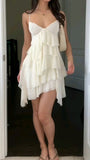 Simple A Line Spaghetti Straps Chiffon White Ruffles Short Summer Birthday Dress Hoco Dress Birthday Outfit 18th Birthday Mini Party Dresses HZ1214