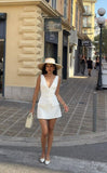 Sexy A Line V Neck White Satin Short Summer Birthday Dress Hoco Dress Birthday Outfit 16th Birthday Mini Party Dresses HZ1214