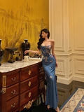 Elegant Mermaid Blue Floral Sleeveless 21st Birthday Dress Party Gown Birthday Outfits Birthday Dress Ideas For Women HZ1214
