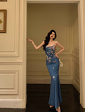 Elegant Mermaid Blue Floral Sleeveless 21st Birthday Dress Party Gown Birthday Outfits Birthday Dress Ideas For Women HZ1214