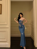 Elegant Mermaid Blue Floral Sleeveless 21st Birthday Dress Party Gown Birthday Outfits Birthday Dress Ideas For Women HZ1214