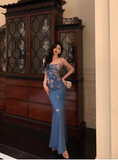 Elegant Mermaid Blue Floral Sleeveless 21st Birthday Dress Party Gown Birthday Outfits Birthday Dress Ideas For Women HZ1214