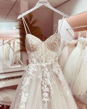 Chic Spaghetti Straps Wedding Dresses Lace Applique Princess Lace A-line Bridal Gowns HZ1214