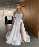 Classic Bridal Gown Ball Gown Strapless Slit White Summer Lace Wedding Dresses Minimalist Bridal Gowns HZ1214
