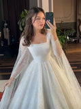 Ethereal Wedding Dress Ball Gown Square Neck Long Sleeves Sequin White Wedding Dresses Bridal Gowns HZ1214