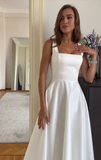Classic Bridal Gown A line Square Satin White Summer Wedding Dresses Minimalist Bridal Gowns HZ1214