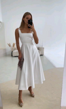 Classic Bridal Gown A line Square Satin White Summer Wedding Dresses Minimalist Bridal Gowns HZ1214