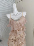 Sweet A Line Spaghetti Straps Pink Sequin Casual Dress Summer Short Holiday Dresses HZ1214