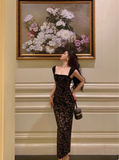 Elegant Sheath Square Neckline Black Floral Sleeveless 23rd Birthday Dress Party Gown Birthday Outfits Birthday Dress Ideas For Women HZ1214