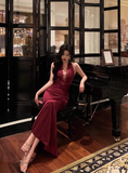 Elegant Mermaid Halter Burgundy 21st Birthday Dress Party Gown Birthday Outfits Birthday Dress Ideas For Women HZ1214