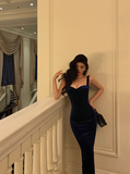 Elegant Glamour Sheath Straps Blue Velvet Prom Gowns Party Dress Classy Gowns Evening Dresses HZ1214