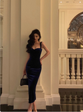 Elegant Glamour Sheath Straps Blue Velvet Prom Gowns Party Dress Classy Gowns Evening Dresses HZ1214