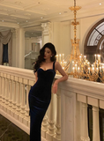 Elegant Glamour Sheath Straps Blue Velvet Prom Gowns Party Dress Classy Gowns Evening Dresses HZ1214
