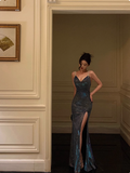 Elegant Glamour Sheath Straps Spaghetti Blue Sequin Slit Prom Gowns Party Dress Classy Gowns Evening Dresses HZ1214