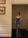 Elegant Glamour Sheath Straps Spaghetti Blue Sequin Slit Prom Gowns Party Dress Classy Gowns Evening Dresses HZ1214