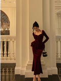 Elegant Mermaid Square Long Sleeves Burgundy 23rd Birthday Dress Party Gown Birthday Outfits Birthday Dress Ideas For Women HZ1214