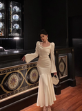 Modest Mermaid Long Sleeves White Satin 21st Birthday Dress Party Gown Birthday Outfits Birthday Dress Ideas For Women HZ1214