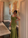 Sexy Mermaid Square Green Satin 21st Birthday Dress Party Gown Birthday Outfits Birthday Dress Ideas For Women HZ1214