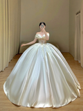 Glitter Wedding Dresses Ball Gown Off The Shoulder Short Sleeves Satin Wedding Dresses Bridal Gowns HZ1214