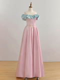 Elegant Glamour A line Off The Shoulder Pink Satin Prom Dress Party Dress Evening Dresses HZ1214