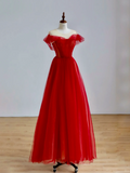 Elegant Glamour Ball Gown Off The Shoulder Short Sleeves Tulle Red Prom Dress Party Dress Evening Dresses HZ1214