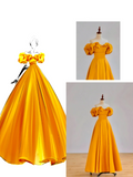 Elegant Glamour Ball Gown Off The Shoulder Short Sleeves Satin Yellow Prom Dress Party Dress Evening Dresses HZ1214