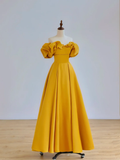 Elegant Glamour Ball Gown Off The Shoulder Short Sleeves Satin Yellow Prom Dress Party Dress Evening Dresses HZ1214