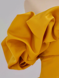 Elegant Glamour Ball Gown Off The Shoulder Short Sleeves Satin Yellow Prom Dress Party Dress Evening Dresses HZ1214