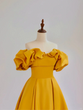 Elegant Glamour Ball Gown Off The Shoulder Short Sleeves Satin Yellow Prom Dress Party Dress Evening Dresses HZ1214