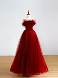 Elegant Glamour Ball Gown Off The Shoulder Short Sleeves Burgundy Tulle Prom Dress Party Dress Evening Dresses HZ1214
