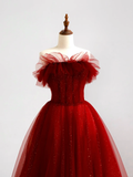 Elegant Glamour Ball Gown Off The Shoulder Short Sleeves Burgundy Tulle Prom Dress Party Dress Evening Dresses HZ1214
