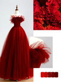 Elegant Glamour Ball Gown Off The Shoulder Short Sleeves Burgundy Tulle Prom Dress Party Dress Evening Dresses HZ1214