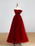 Elegant Glamour Ball Gown Strapless Burgundy Tulle Prom Dress Party Dress Evening Dresses HZ1214